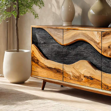 Rustic Handcrafted Wave Sideboard For Living Room