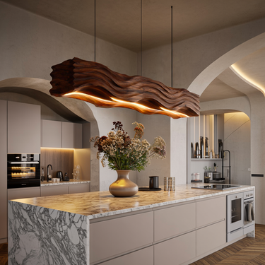 Sculpted Hanging Lamp Featuring Flowing Wave Carving For Dining