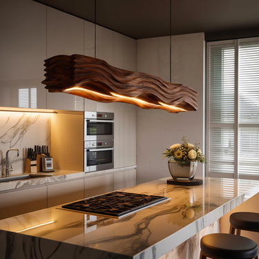 Sculpted Hanging Lamp Featuring Flowing Wave Carving For Dining