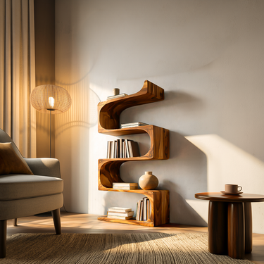 Modern Wooden Flowing Carved Bookshelf For Living Room