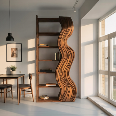 Modern Bookshelf With Wave Carved Side Panel For Office