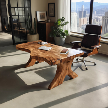 Organic Live Edge Desk With Sculptural Base For Workspace