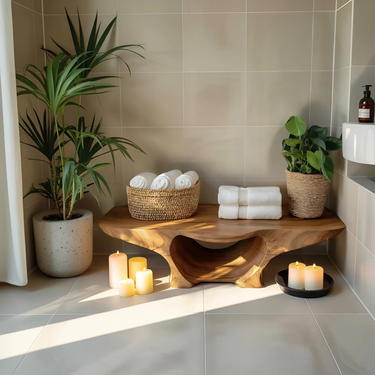 Organic Shower Bench With Curves And Storage Space For Bathroom