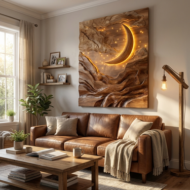 Crescent Moon Mountain Wood Wall Art For Living Decor
