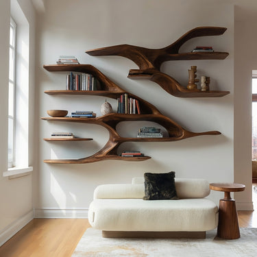 Organic Wooden Wall Shelf For Contemporary Living Room Decor