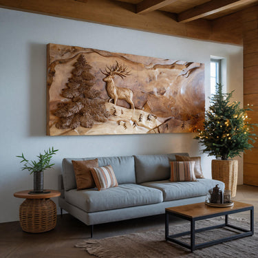 Rustic Wall Art With Carved Deer For Living Room