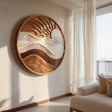 Minimalist Sun And Wave Wooden Wall Sculpture For Living Room