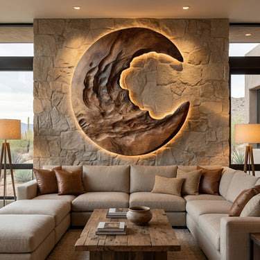 Organic Modern Crescent Wood Wall Art With Light For Living Room