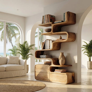 Scandinavian Sculptural Wooden Bookshelf With Organic Shape For Living Room