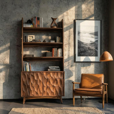 Modern Wooden Bookcase With Drawers And Open Shelves For Living