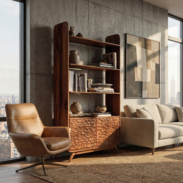 Contemporary Wooden Bookshelf With Sculpted Door Panels For Living