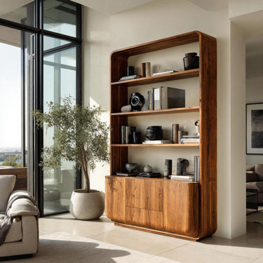 Modern Wooden Bookshelf With Round Edges For Living Room
