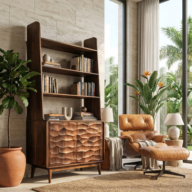 Modern Bookshelf With Carved Wave Cabinet Doors For Home
