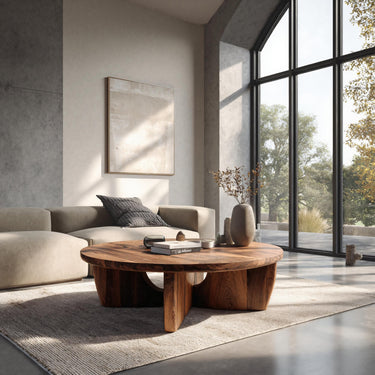 Round Wooden Coffee Table Unique Base Design For Home