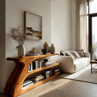 Modern Organic Wood Console Table With Shelf For Living Room
