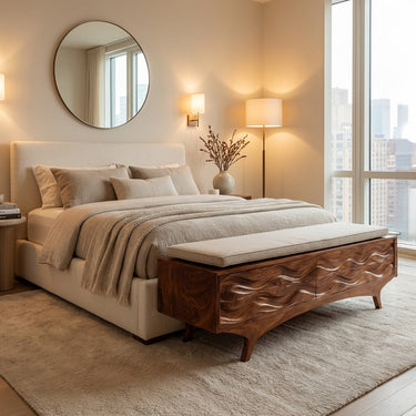 Coastal Wave Carved Storage Bench For Entryway