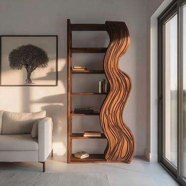 Modern Bookshelf With Wave Carved Side Panel For Office