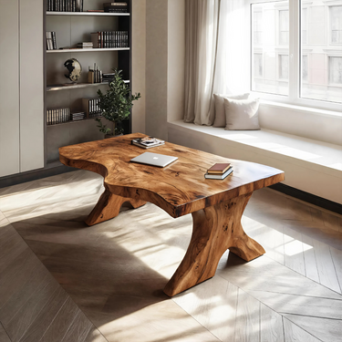 Organic Live Edge Desk With Sculptural Base For Workspace