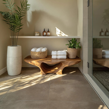 Organic Shower Bench With Curves And Storage Space For Bathroom