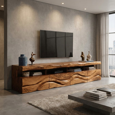Modern Wave Carved Wood TV Stand For Living Room